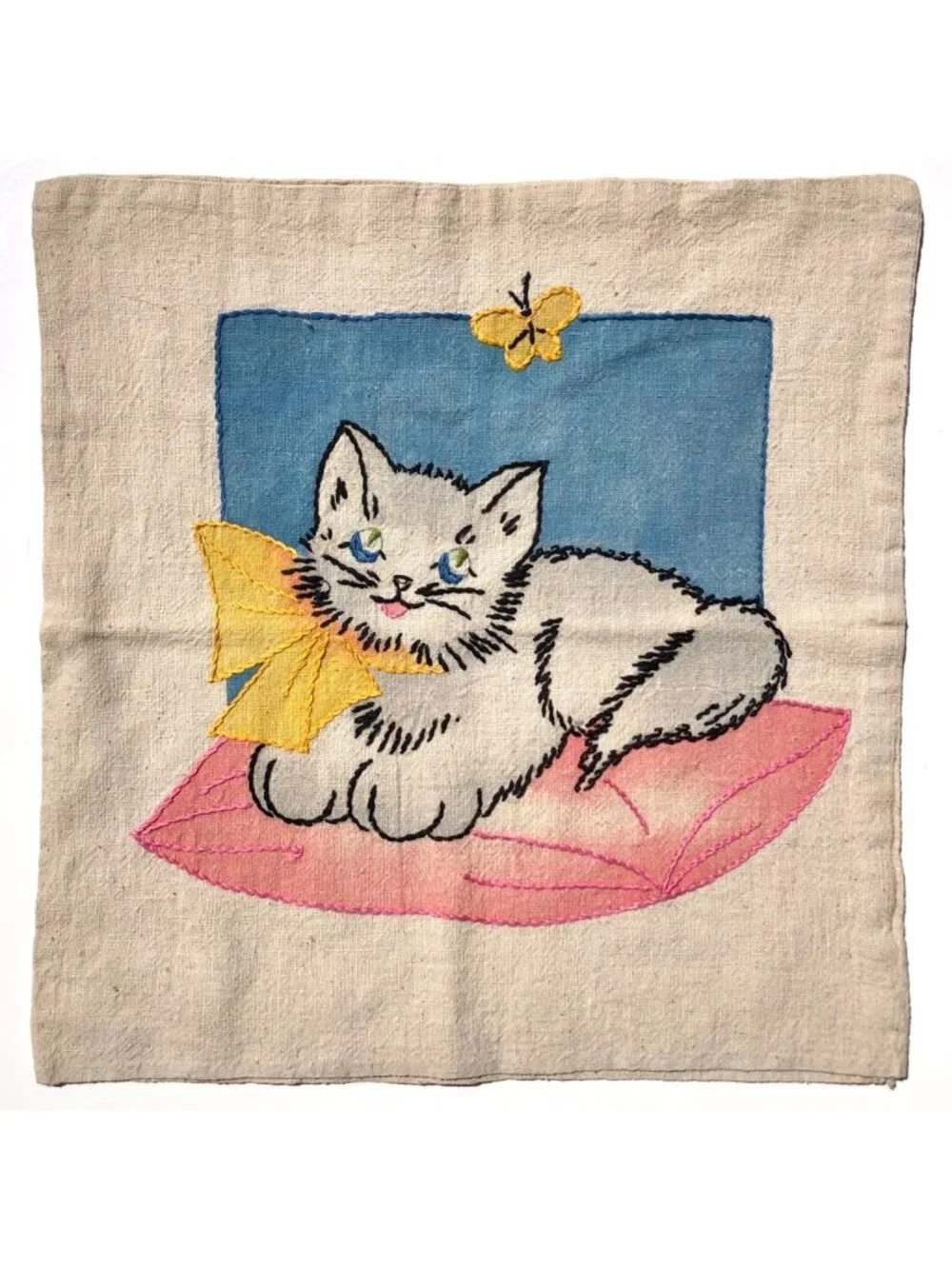 Hand Embroidered Cat Throw Pillow Cover Kitten Butterfly 16x16 Square Home Decor